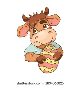 The character. Cartoon cute bull with Easter egg. Vector illustration in a flat style.