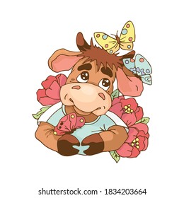 
The character. Cartoon cute bull with flowers and butterflies. Vector illustration in a flat style.
