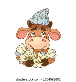 The character. Cartoon cute bull in funny knitted hat with snowdrops. Vector illustration in flat style.