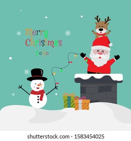 Character Cartoon Cute Christmas Day, Merry christmas happy new year festival, santa claus with gift box and snow man and deer,snowflake and text, invitation card vector illustration.