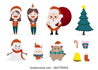 Character Cartoon Cute Christmas Day Collection set, Merry christmas happy new year festival , santa children and animal , christmas tree snowflake rabbit bear , invitation card vector illustration