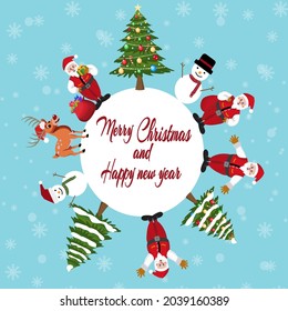 Character Cartoon Cute Christmas Day , Merry christmas happy new year festival ,santa claus hold gift box and snow man and cute reindeer, snowflake text invitation card , vector illustration.