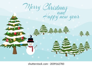 Character Cartoon Cute Christmas Day , Merry christmas happy new year festival , snow man and Christmas trees, text invitation card , vector illustration. Winter landscape.
