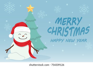 Character Cartoon Cute Christmas Day , Merry christmas happy new year festival , snow man , christmas tree snowflake and text , invitation card vector illustration