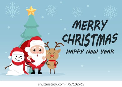 Character Cartoon Cute Christmas Day , Merry christmas happy new year festival , santa claus with gift box in bag and snow man , christmas tree snowflake and text , invitation card vector illustration