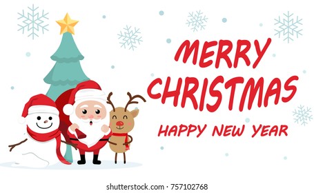 Character Cartoon Cute Christmas Day , Merry christmas happy new year festival , santa claus with gift box in bag and snow man , christmas tree snowflake and text , invitation card vector illustration