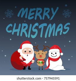 Character Cartoon Cute Christmas Day , Merry christmas happy new year festival , santa claus with gift box in bag and snow man and cute reindeer hold gift box, christmas tree snowflake and text , invi