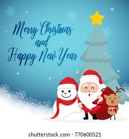 Character Cartoon Cute Christmas Day , Merry christmas happy new year festival , santa claus and snow man and cute reindeer hold gift box, christmas tree snowflake text  invitation card vector
