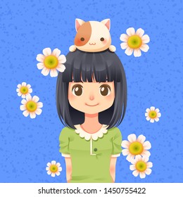 Character cartoon of cute girl with cat on her head and white flower, I love my pet - Vector