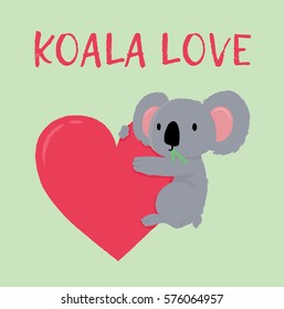Character cartoon cute Koala bear with eucalyptus in his mouth holds, hugs a red heart frame. Template for greeting card Valentine's day. Illustration for cotton textile, package, logo, your design.