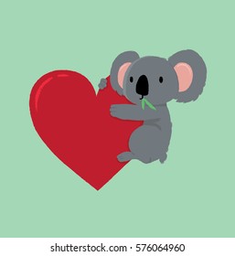 Character cartoon cute Koala bear with eucalyptus in his mouth holds, hugs a red heart frame. Template for greeting card Valentine's day. Illustration for cotton textile, package, logo, your design.