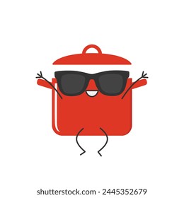 Personaje de dibujos animados linda sartén saltando cacerola cara sonriente alegre kawaii alegría feliz emociones Ilustración vectorial.