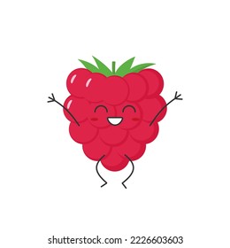 Character cartoon cute raspberry jump greet delicious berry smile face kawaii joy happy cheerful emotions icon vector illustration.