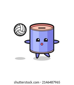 Character cartoon of cylinder piggy bank is playing volleyball , cute design