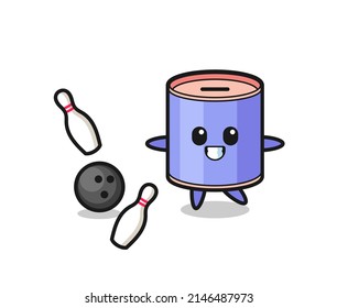 Character cartoon of cylinder piggy bank is playing bowling , cute design
