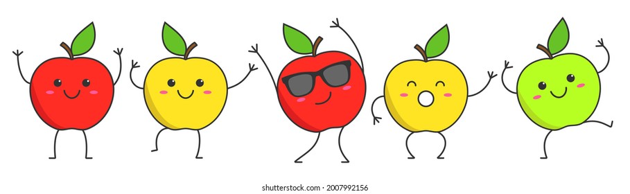 Character cartoon dancing apples happy emotions set icon logo vector illustration.