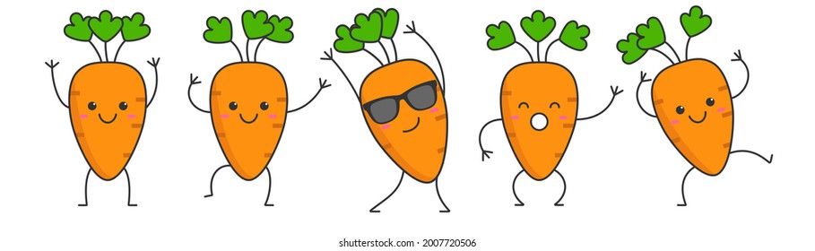 Character cartoon dancing carrots happy emotions set icon logo vector illustration.