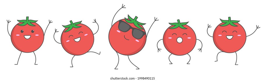 Caricatura de personajes bailando tomates felices emociones set icono logo ilustración vectorial.