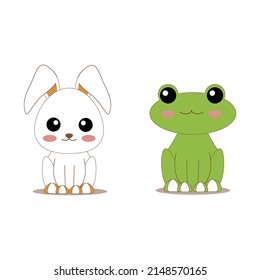 Character cartoon design. Kawaii rabbit, frog character. Vector illustration.