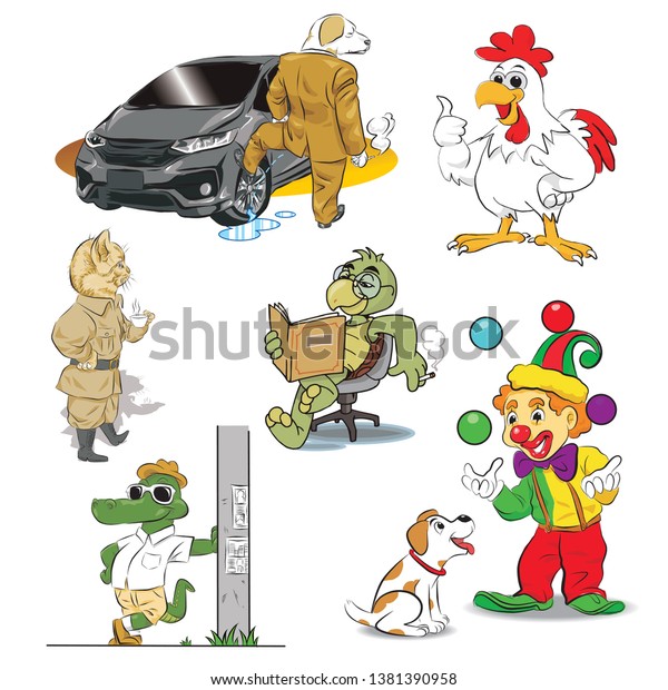 character cartoon
dog chicken turtle cat crocodile joker car ball book chair vector
illustration isolated hand
drawn