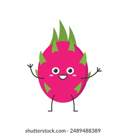 Character cartoon dragon fruit greeting smiling face cheerful kawaii joy happy emotions icon pitahaya vector illustration.