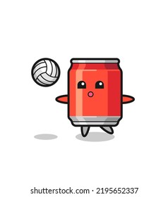 Character cartoon of drink can is playing volleyball , cute style design for t shirt, sticker, logo element
