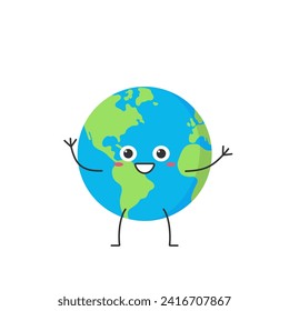 Character cartoon Earth cute planet smiling face greeting hello happy joy emotions vector illustration.