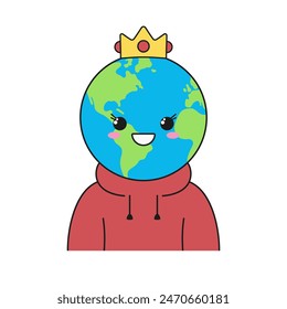 Character cartoon Earth cute planet crown smile face happy emotions vector illustration.