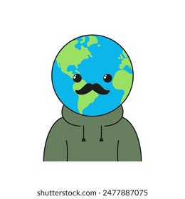 Character cartoon Earth cute planet moustache face happy emotions vector illustration.