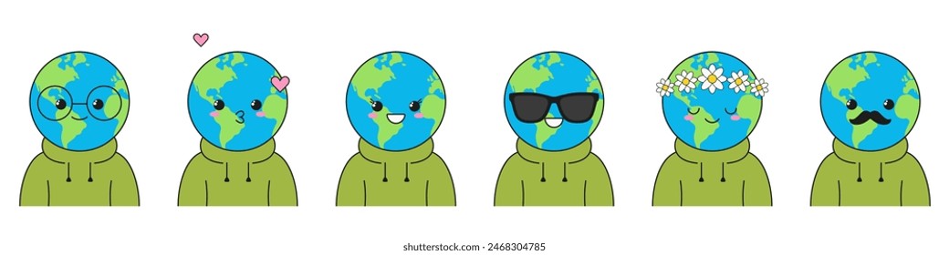 Character cartoon Earth set cute planet smile face happy student glasses flowers moustache emotions vector illustration.