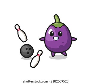 Character cartoon of eggplant is playing bowling , cute style design for t shirt, sticker, logo element