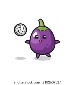 Character cartoon of eggplant is playing volleyball , cute style design for t shirt, sticker, logo element