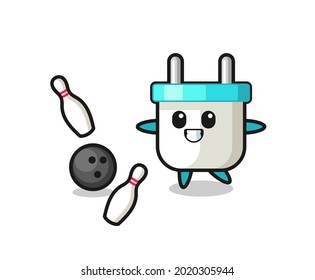 Character cartoon of electric plug is playing bowling