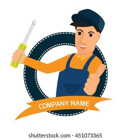 Character of cartoon electrician worker or engineering logo design template for service, vector illustration.