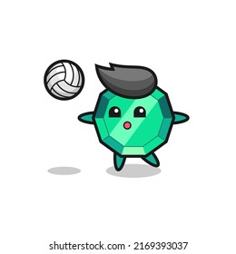 Caricatura del personaje de esmeralda gemstone está jugando al voleibol , diseño de estilo lindo para camiseta, pegatina, elemento logo