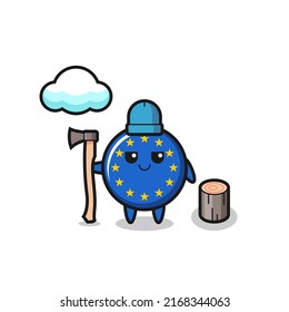 Character cartoon of europe flag badge as a woodcutter , cute style design for t shirt, sticker, logo element
