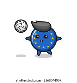 Character cartoon of europe flag badge is playing volleyball , cute style design for t shirt, sticker, logo element