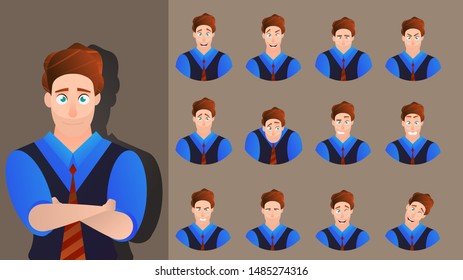 Character cartoon expression vector set emotion face. Illustration man avatar different facial collection. Businessman design happy, angry, cheerful, smile, sad. Comic emoji kit creation human male