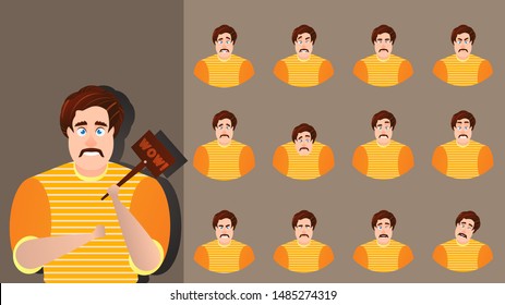 Character cartoon expression vector set emotion face. Illustration man avatar different facial collection. Businessman design happy, angry, cheerful, smile. Comic emoji kit creation fat human male