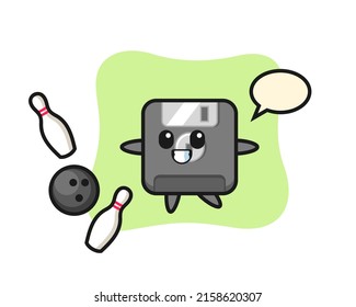 Character cartoon of floppy disk is playing bowling , cute style design for t shirt, sticker, logo element