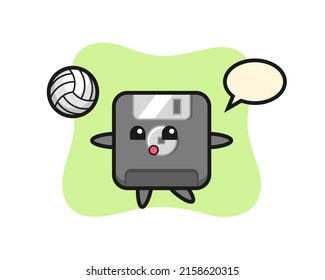 Character cartoon of floppy disk is playing volleyball , cute style design for t shirt, sticker, logo element
