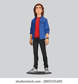Character Cartoon Full Body Young Man with Dreadlocks Standing Wearing a Blue Shirt and Black Jeans Isolated On a Grey Background