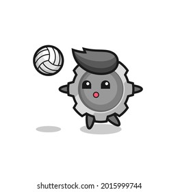 Character cartoon of gear is playing volleyball , cute style design for t shirt, sticker, logo element