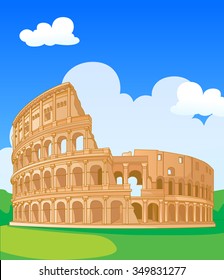 Character Cartoon, Great Colosseum, Rome, Italy. Vector Illustration.