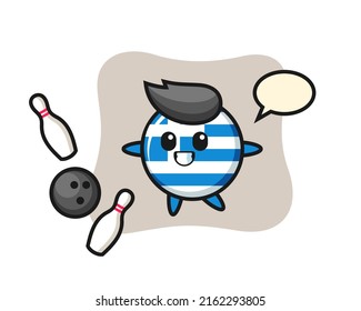 Character cartoon of greece flag badge is playing bowling , cute style design for t shirt, sticker, logo element