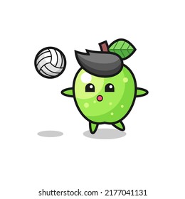 Character cartoon of green apple is playing volleyball , cute style design for t shirt, sticker, logo element