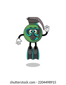 Caricatura de personajes de granada como buceador, diseño de personajes