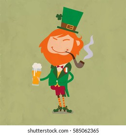 Character Cartoon happy leprechaun standing full length, smoking pipe and with beer. Vector modern flat design icon on Saint Patrick's Day character. Irish party art