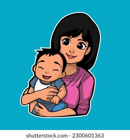 character cartoon happy mom with kid