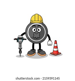 Character cartoon of hockey puck working on road construction , character design